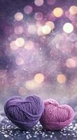 Purple yarn balls create a charming display against a soft bokeh background in evening light photo