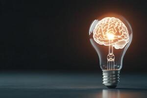 Light bulb with a glowing brain inside symbolizes creativity and innovative thinking photo