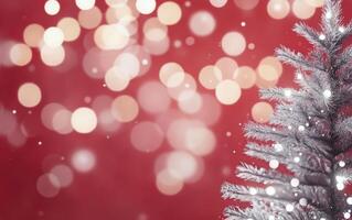 Festive holiday decor featuring a snowy tree against a vibrant red background with lights photo