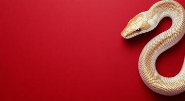 Colorful snake curled on a vivid red background creating a striking visual effect photo