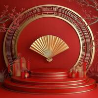 Elegant red and gold display featuring a traditional fan and decorative elements photo