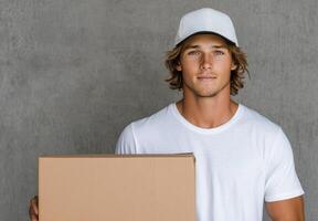 Young man delivering a package wearing a white cap and t shirt in a neutral backdrop photo