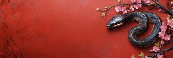 Black snake entwined with pink blossoms against a red backdrop representing nature and beauty photo