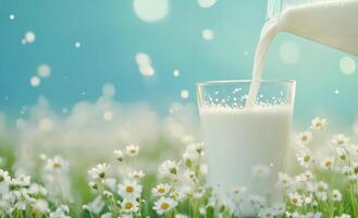 Refreshing milk poured into a glass surrounded by blooming flowers on a sunny day photo