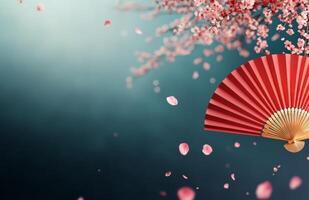 Cherry blossoms and red fan create a tranquil spring atmosphere with floating petals photo