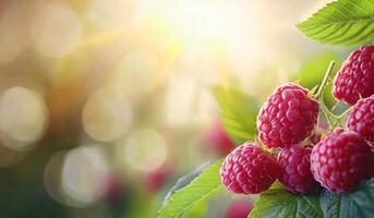 Ripe raspberries glistening in sunlight with soft bokeh background during summer harvest photo