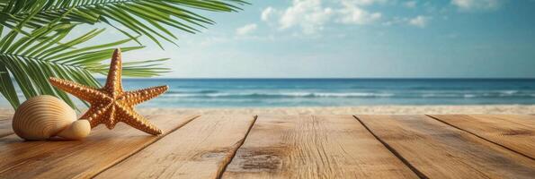 Coastal beachfront with seashells and starfish on wooden surface during sunny day photo