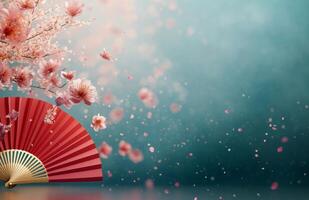 Cherry blossoms and red fan create a tranquil spring atmosphere with floating petals photo