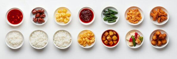 Variety of colorful dishes arranged neatly on a white surface showcasing diverse cuisine options photo