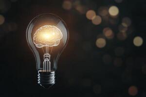 Light bulb with a glowing brain inside symbolizes creativity and innovative thinking photo
