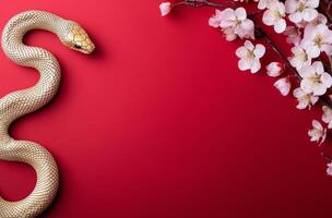Golden snake intertwined with cherry blossoms on a vibrant red background photo