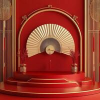 Elegant red and gold display featuring a traditional fan and decorative elements photo