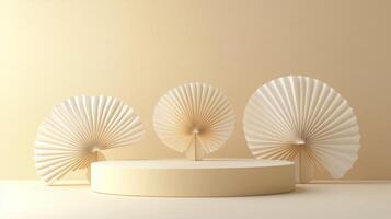 Elegant arrangement of three paper fans displayed on a round pedestal with a neutral background photo