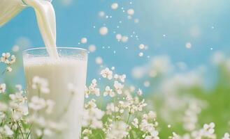 Refreshing milk poured into a glass surrounded by blooming flowers on a sunny day photo