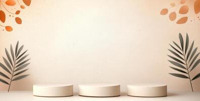 Minimalistic display setup featuring neutral tones and floral accents for product showcasing photo