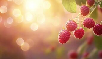 Ripe raspberries glistening in sunlight with soft bokeh background during summer harvest photo