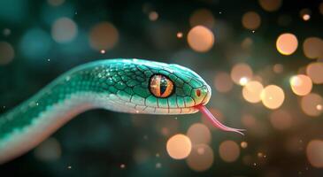 Close view of a vibrant green snake with striking golden eyes against blurred colorful background photo