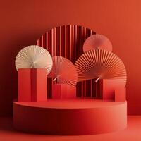 Artistic display with red background and decorative fans in a modern setting photo