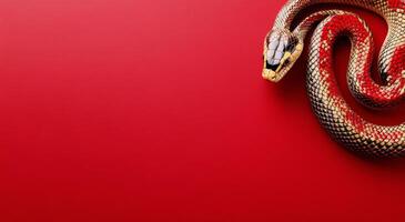 Colorful snake curled on a vivid red background creating a striking visual effect photo