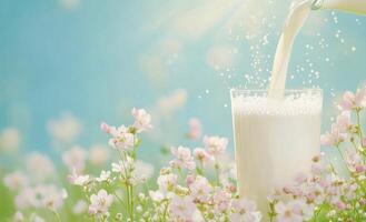 Refreshing milk poured into a glass surrounded by blooming flowers on a sunny day photo
