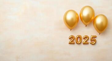 Festive celebration setup featuring gold balloons and 2025 decor for New Year festivities photo