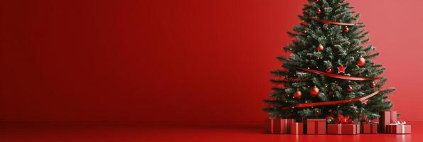 Festively decorated Christmas tree in a cozy indoor setting with a vibrant red backdrop photo