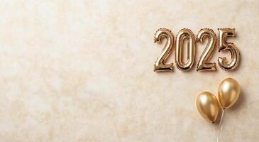Festive celebration setup featuring gold balloons and 2025 decor for New Year festivities photo