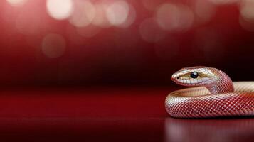 Two golden snakes entwined on vibrant red background creating a striking contrast photo