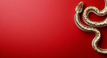 Colorful snake curled on a vivid red background creating a striking visual effect photo