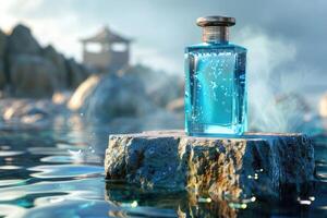 A beautifully designed perfume bottle sits on a rock in the water photo