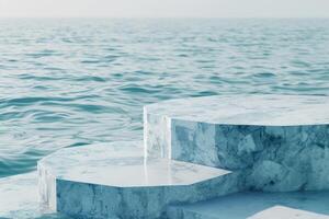 A detailed 3d rendering of a podium located in the middle of the ocean photo
