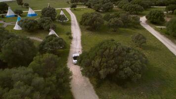 aerial view White convertible drive through a trees on the background of wigwams video