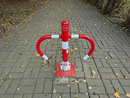 A bright red and white barrier for stopping is installed on a paved path surrounded by fallen leaves photo