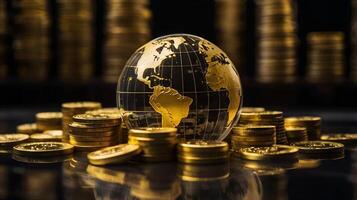 Golden globe on stacks of coins photo
