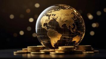 Golden globe on coins and gold lights on black background photo