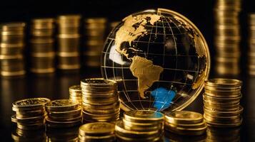 Golden coins and globe on black background photo