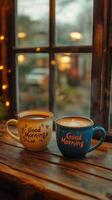 Two coffee mugs with good morning message enjoying cozy atmosphere by window photo