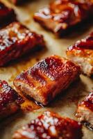 Delicious bbq ribs glazed and grilled on baking paper photo