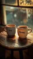 Two coffee cups wishing good morning on a rustic wooden table photo