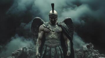 Ancient Greek statue of spartan warrior on moody background with fog. Ancient spartan warrior with wings and helmet during Roman Empire photo
