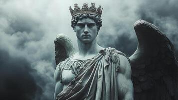 Ancient Greek statue of a roman emperor with crown and wings on moody background. Spartan warrior isolated on background with smoke photo