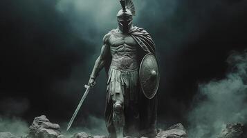 Ancient Greek statue of spartan warrior on moody background with fog. Ancient spartan warrior with wings and helmet during Roman Empire photo