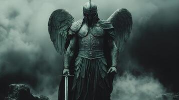 Ancient Greek statue of spartan warrior on moody background with fog. Ancient spartan warrior with wings and helmet during Roman Empire photo