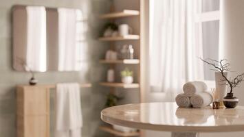 A round table features towels and decor objects with a blurred background of a clean bathroom. photo