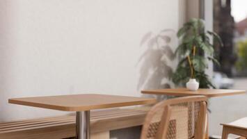 A space for displaying products on a wooden tabletop in a minimalist Japandi coffee shop. photo
