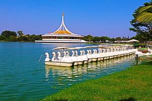 Beautiful Thai architecture in the middle of the water in the Royal Park Rama IX, photo