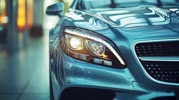Detailed front view of a high-performance car headlight illuminating the road ahead photo