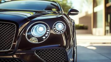 Detailed front view of a high-performance car headlight illuminating the road ahead photo