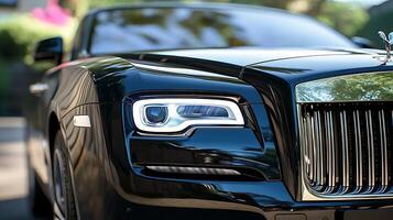 Front-facing angle of a car's LED headlight, gleaming with precision and style photo