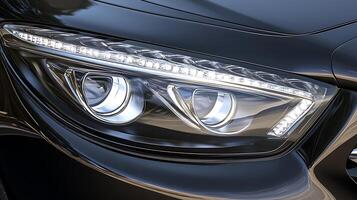 Front-facing angle of a car's LED headlight, gleaming with precision and style photo
